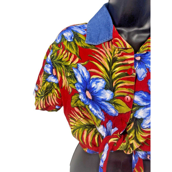 Hawaiian Crop Top Tie Front Button Tropical Cruise Beach M Red Boho Vintage - Picture 3 of 11